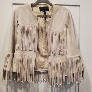 Bcbg MaxAzria Women's Fringe Suede Cape Jacket Size M Cream